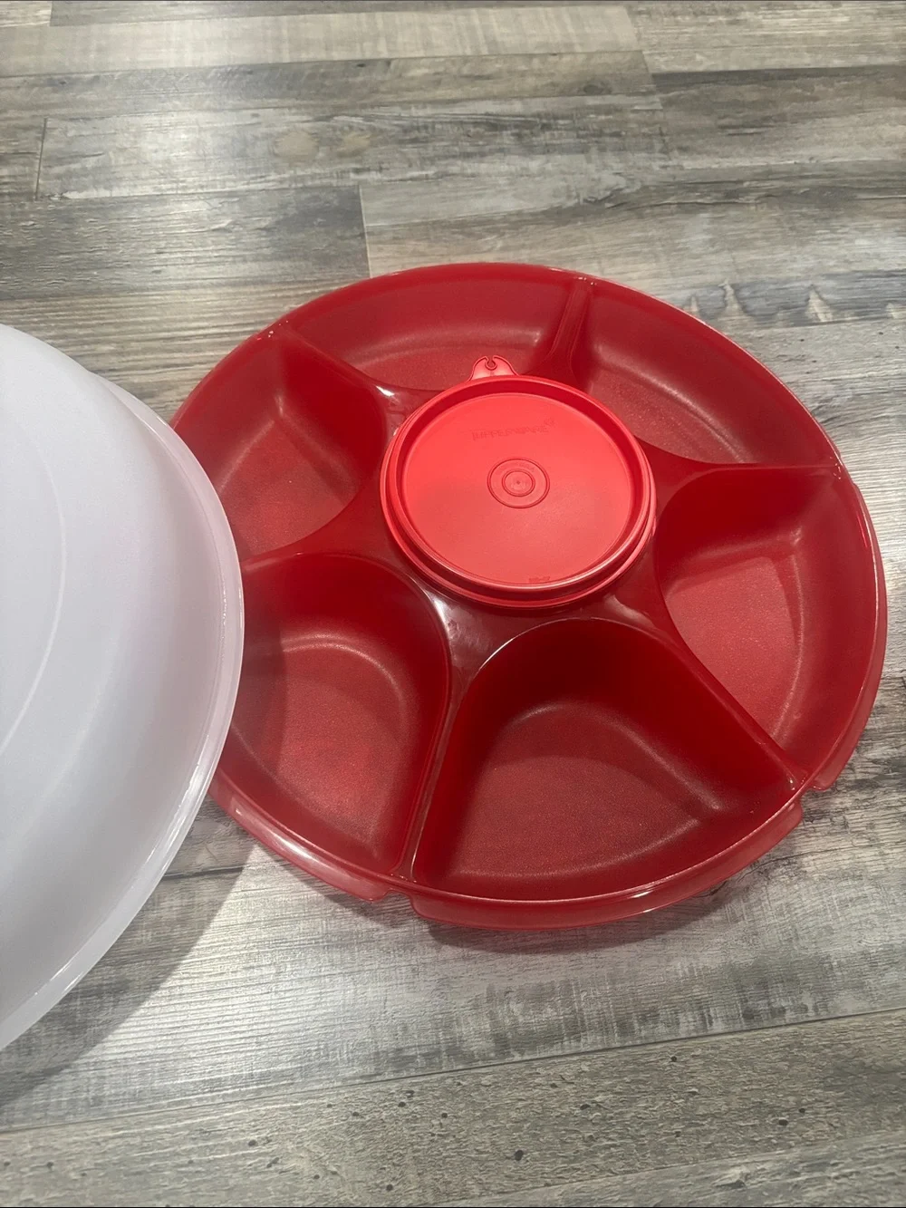 Tupperware Red Divided Serving Tray with Center Dip Container and Lid